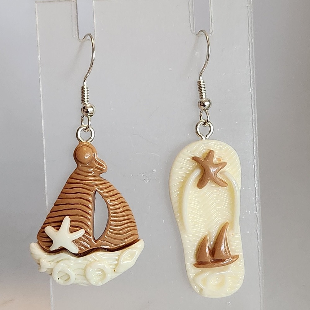 Handmade Mismatched Nautical Sailboat Flip Flop Polymer Clay Drop Earrings Brown